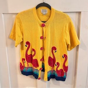 Just B Flamingo Novelty Yellow pink sequins short sleeve cardigan